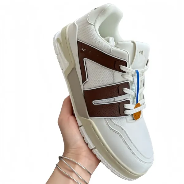 Design Chunky Sneaker White Brown Leather-Textured Panel Sneakers - 1