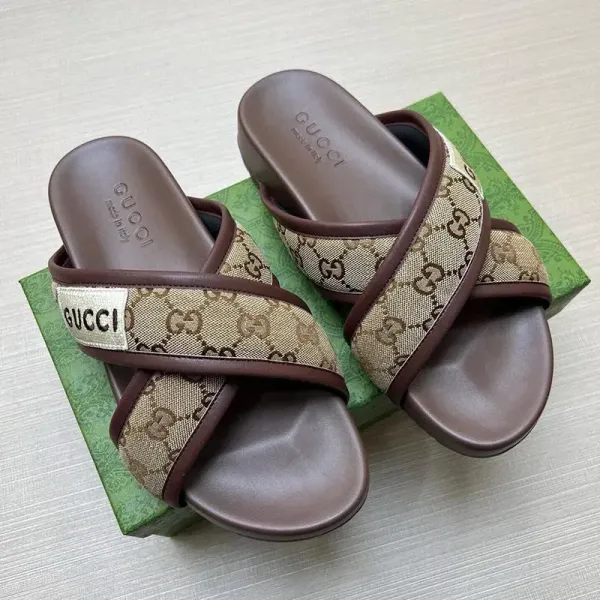 Gucci GG Marmont Slide Sandals Beige Brown Leather Slippers - 1