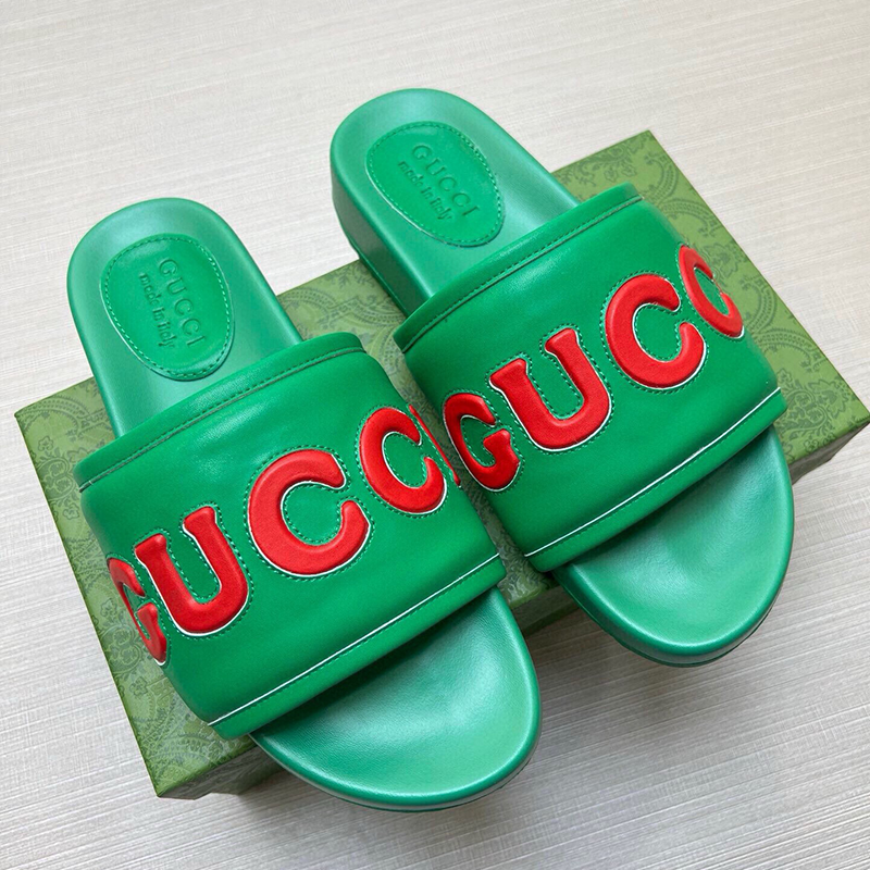 Gucci Logo Slide Sandals Navy Blue with Red Lettering Slippers - 4