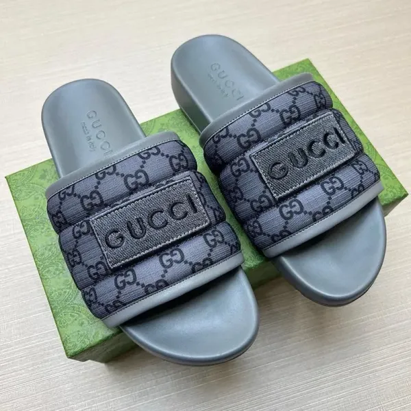 Gucci Logo Slide Sandals Navy Blue with Red Lettering Slippers - 2