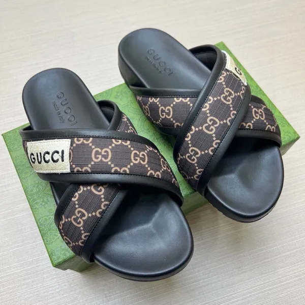 Gucci GG Marmont Slide Sandals Black and Beige Slippers - 1