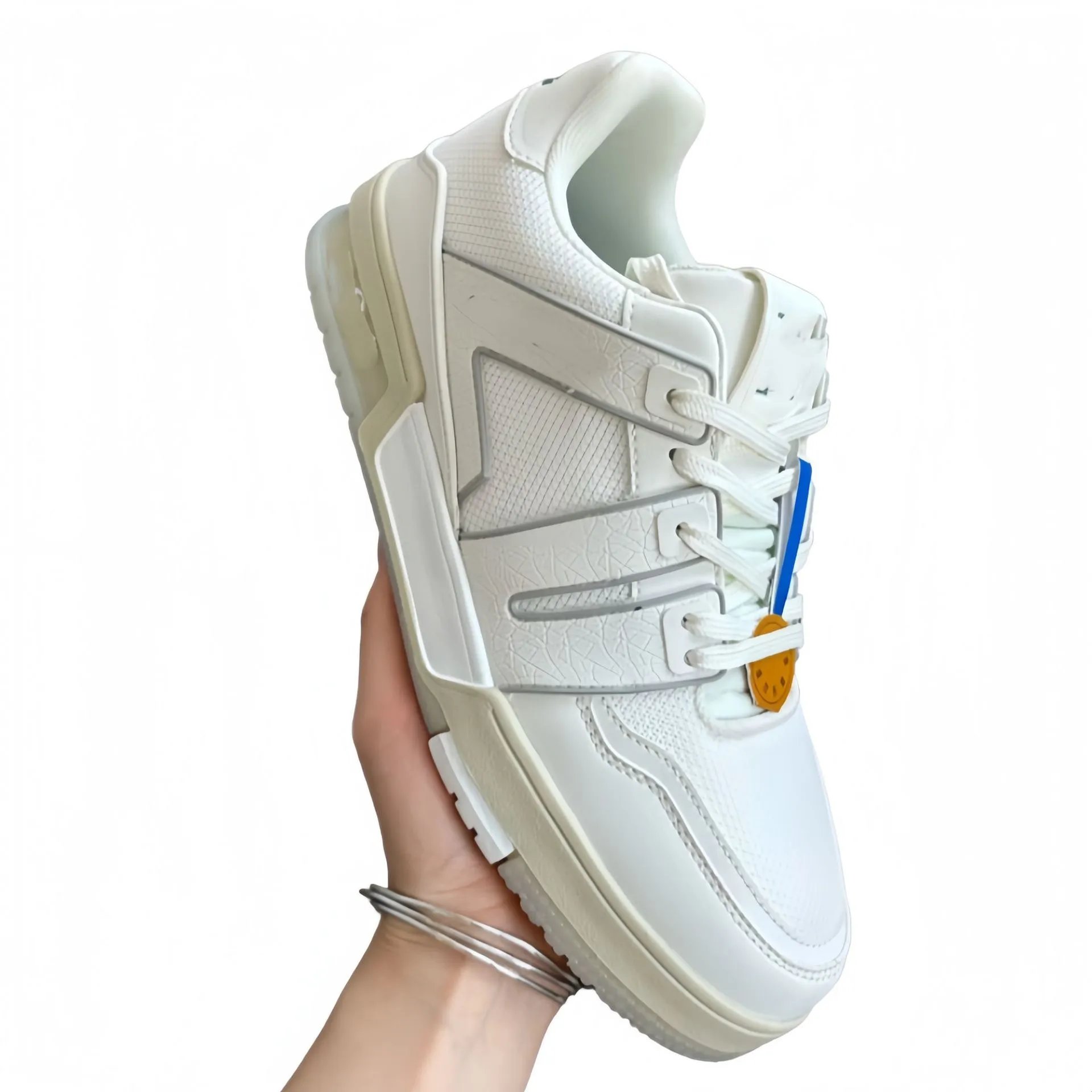 Design White Chunky Sneakers with Textured Panels and Colorful Lace Tag