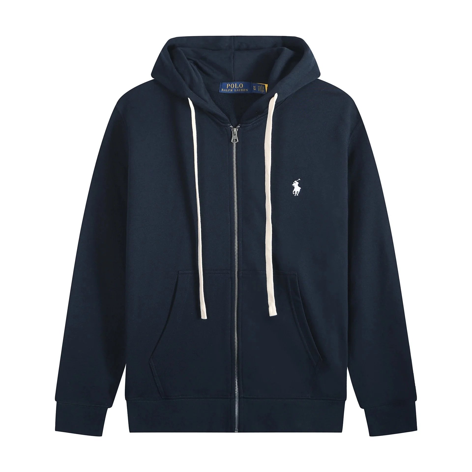 White rope zipper, navy blue, white label