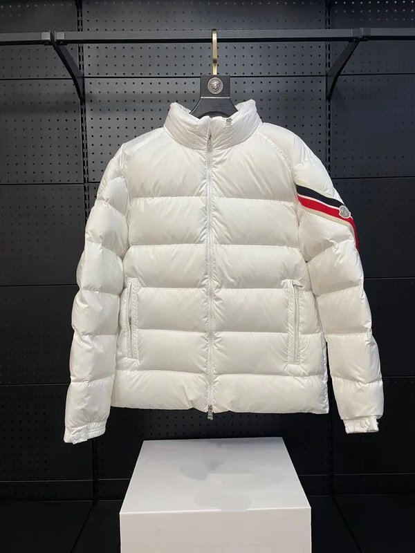 Moncler Down Jackets Stand-Collar Puffer Jacket with Striped Sleeve — white