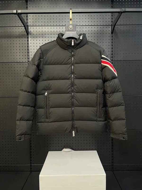 Moncler Down Jackets Stand-Collar Puffer Jacket with Striped Sleeve — Black