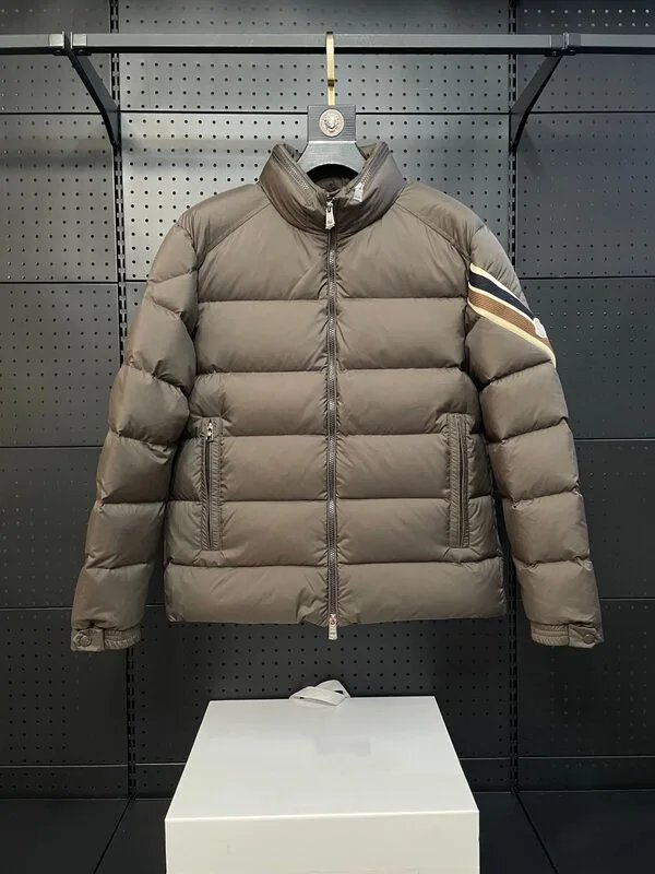 Moncler Down Jackets Stand-Collar Puffer Jacket with Striped Sleeve — Camel color