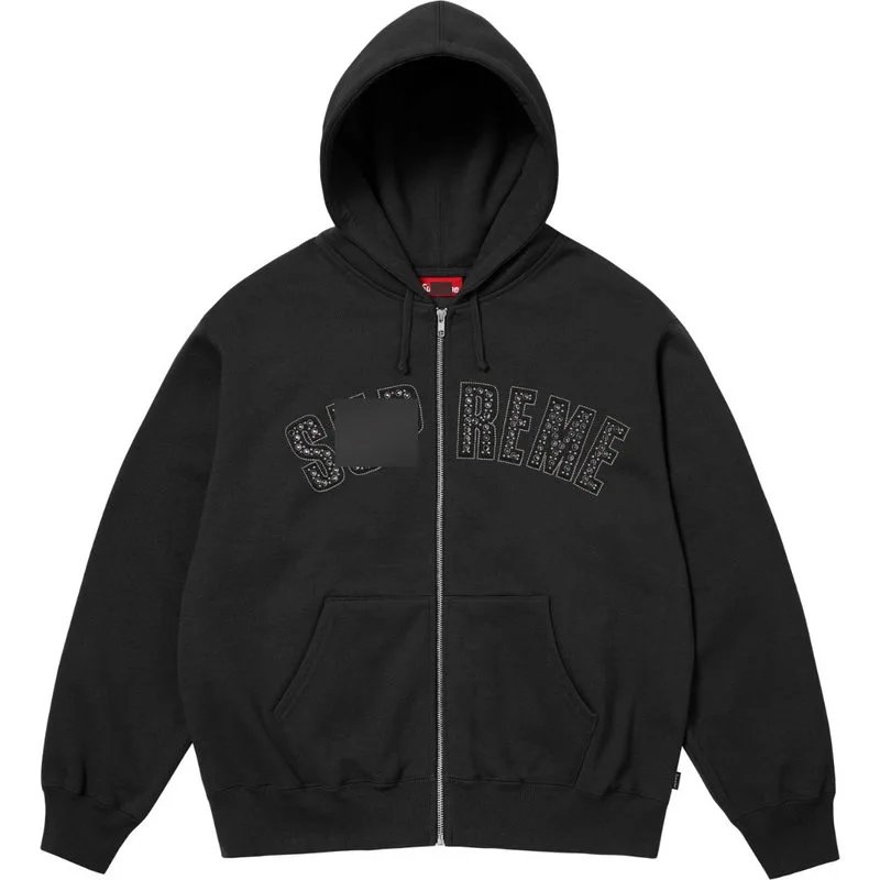 Supreme Hoodies & Sweatshirts Zip-up hooded sweatshirt with rhinestone arc logo — Diamond-embellished hoodie-cm black