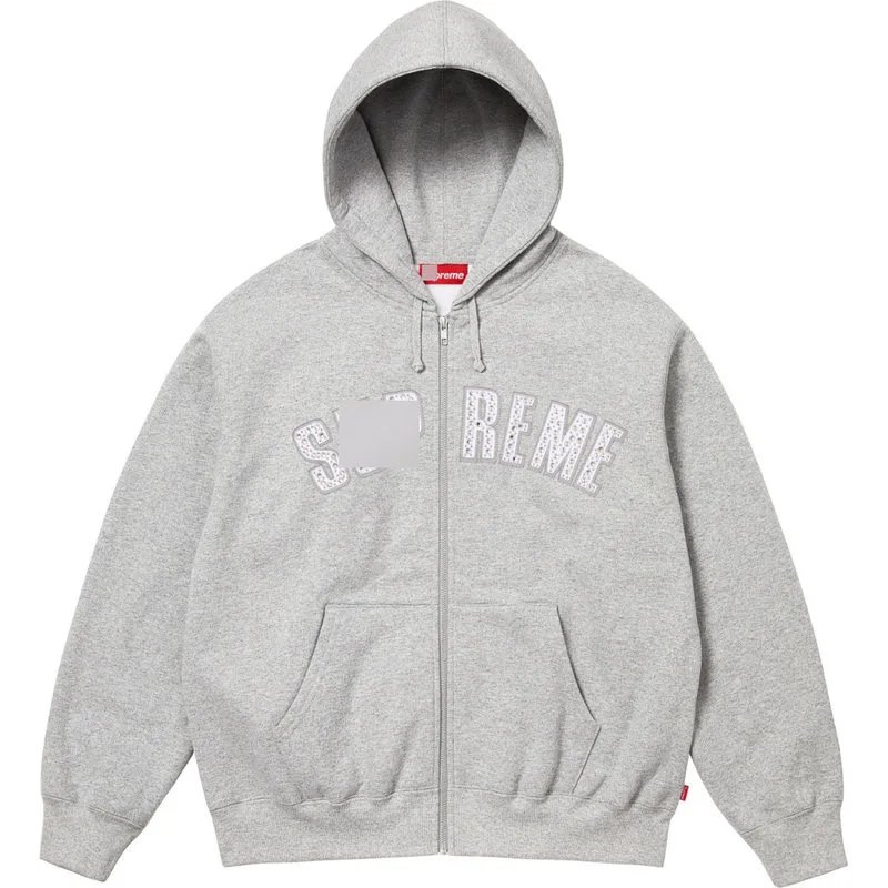 Supreme Hoodies & Sweatshirts Zip-up hooded sweatshirt with rhinestone arc logo — Diamond-embellished hoodie-cm gray