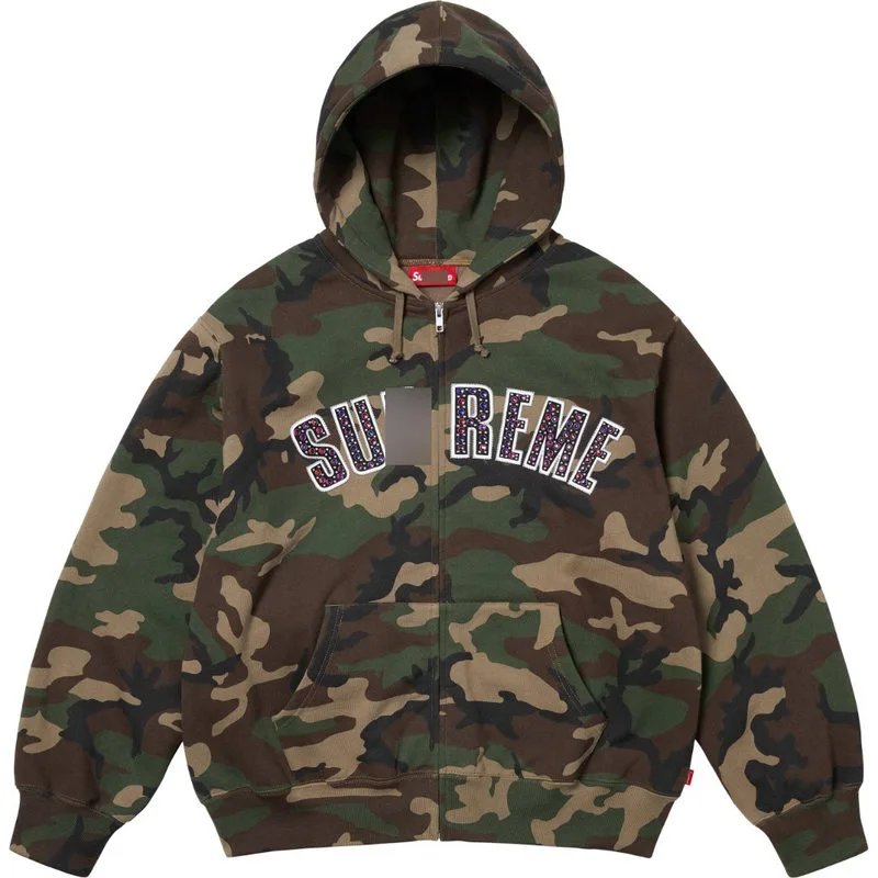 Supreme Hoodies & Sweatshirts Zip-up hooded sweatshirt with rhinestone arc logo — Diamond-embellished hoodie – cm camouflage