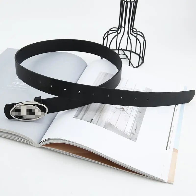 Black Leather Belt with Silver Oval Logo Buckle