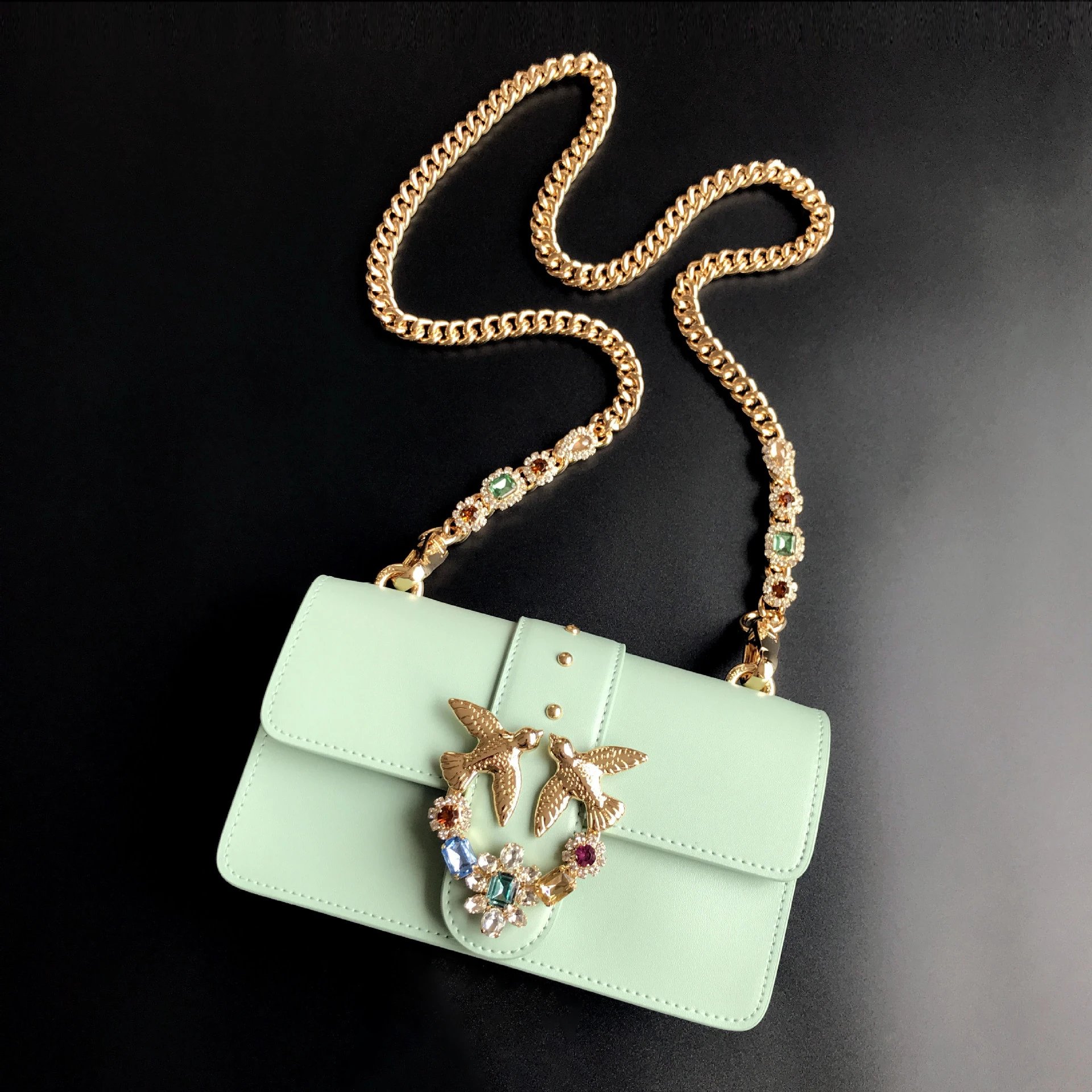 Pinko Love Birds Icon Shoulder Bag with Crystal Embellishments (Mint Green Leather)