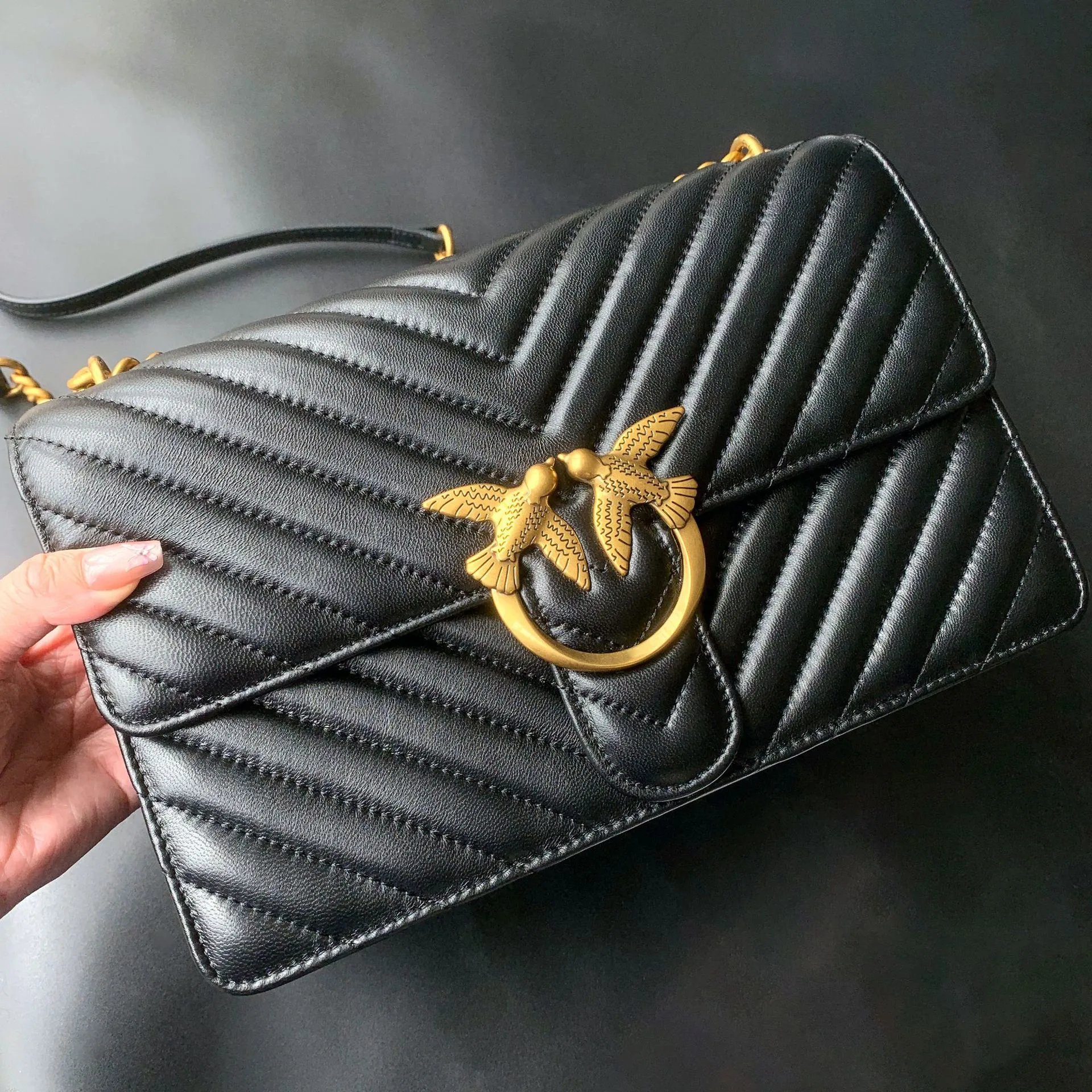 Pinko Love Birds Icon Shoulder Bag (Black Quilted Leather)