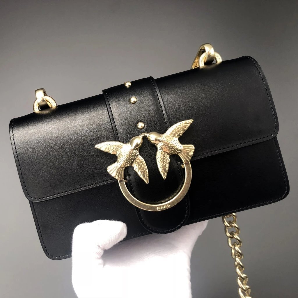 Pinko Love Birds Icon Shoulder Bag (Black Leather)