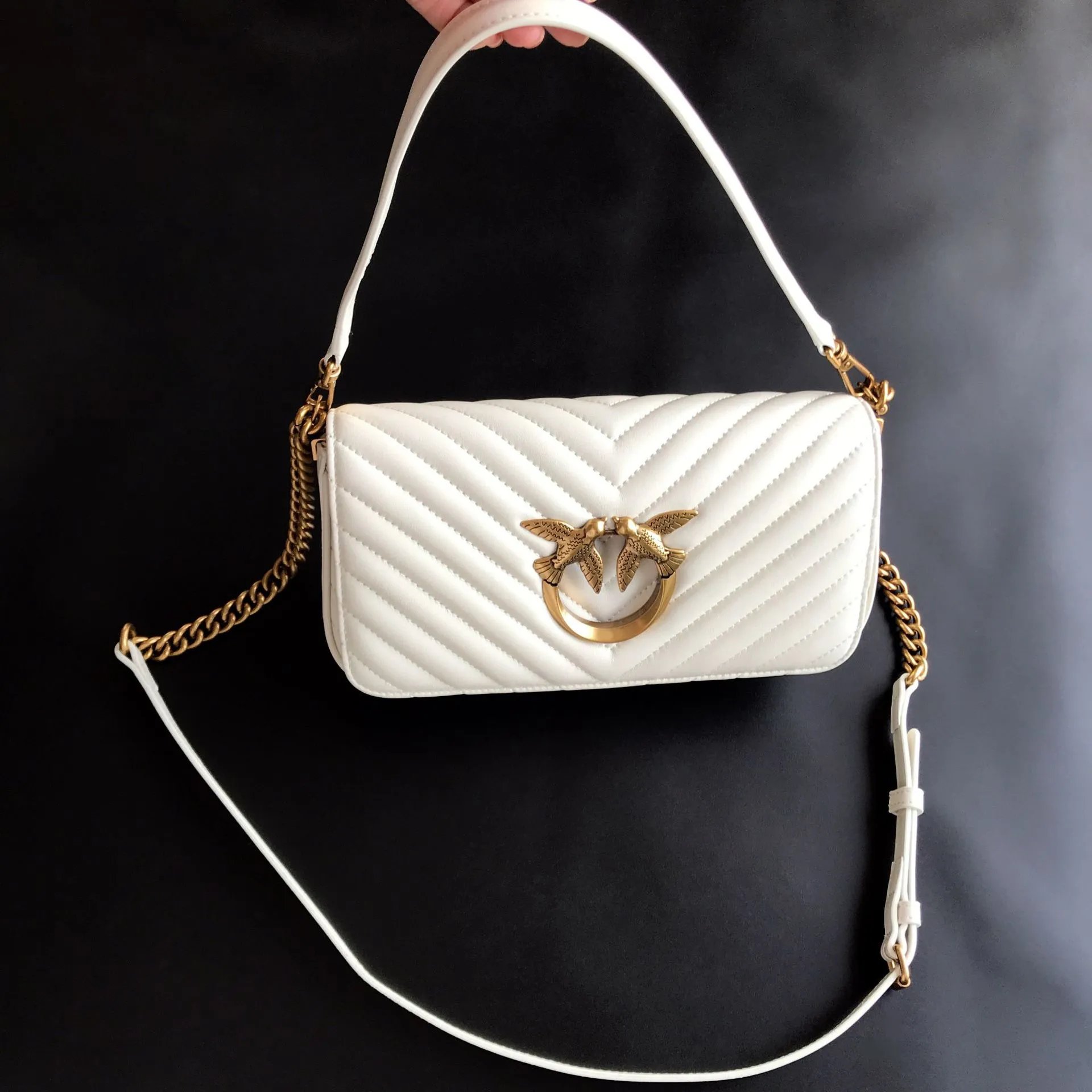 Pinko Love Birds Icon Shoulder Bag with Charm Details (Black Quilted Leather)