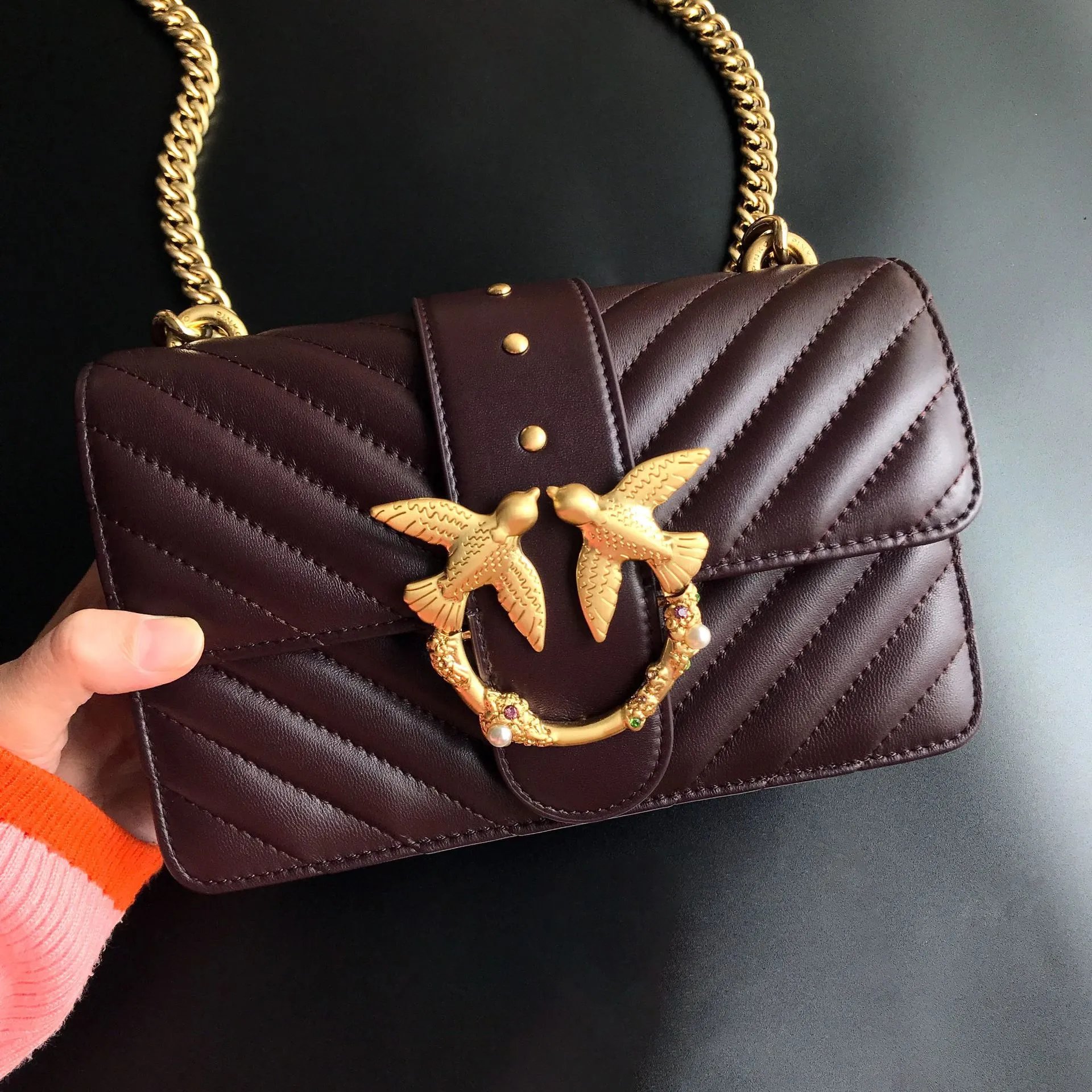 Pinko Love Birds Icon Shoulder Bag (Burgundy Quilted Leather)