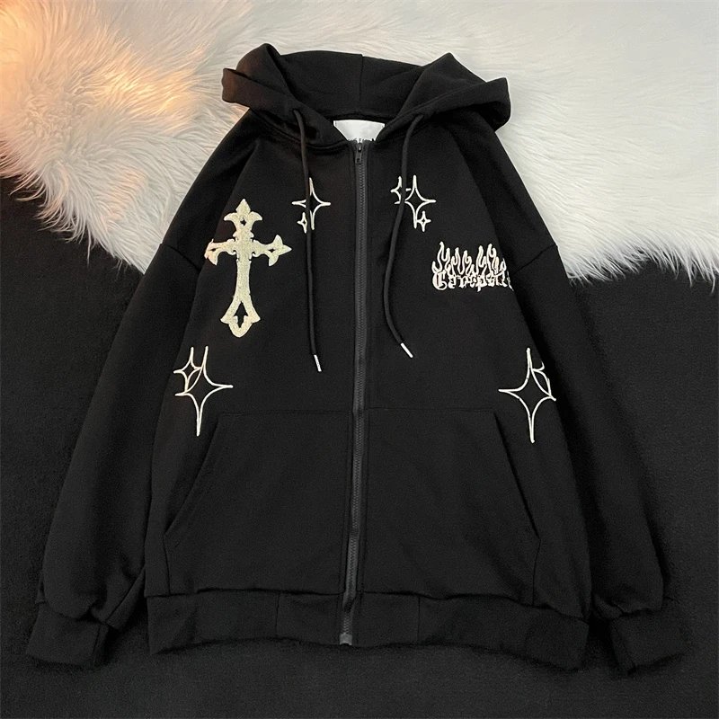 Gothic Cross & Flame Embroidered Zip-Up Hoodies (Brown, Cream, Black)
