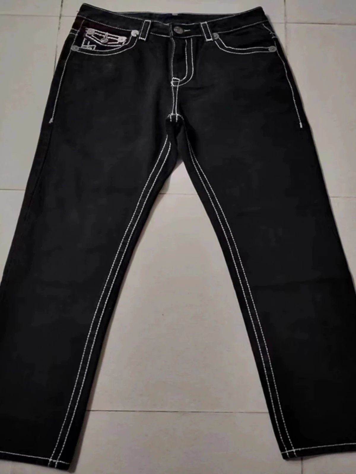 True Religion Black Denim Jeans with White Stitching