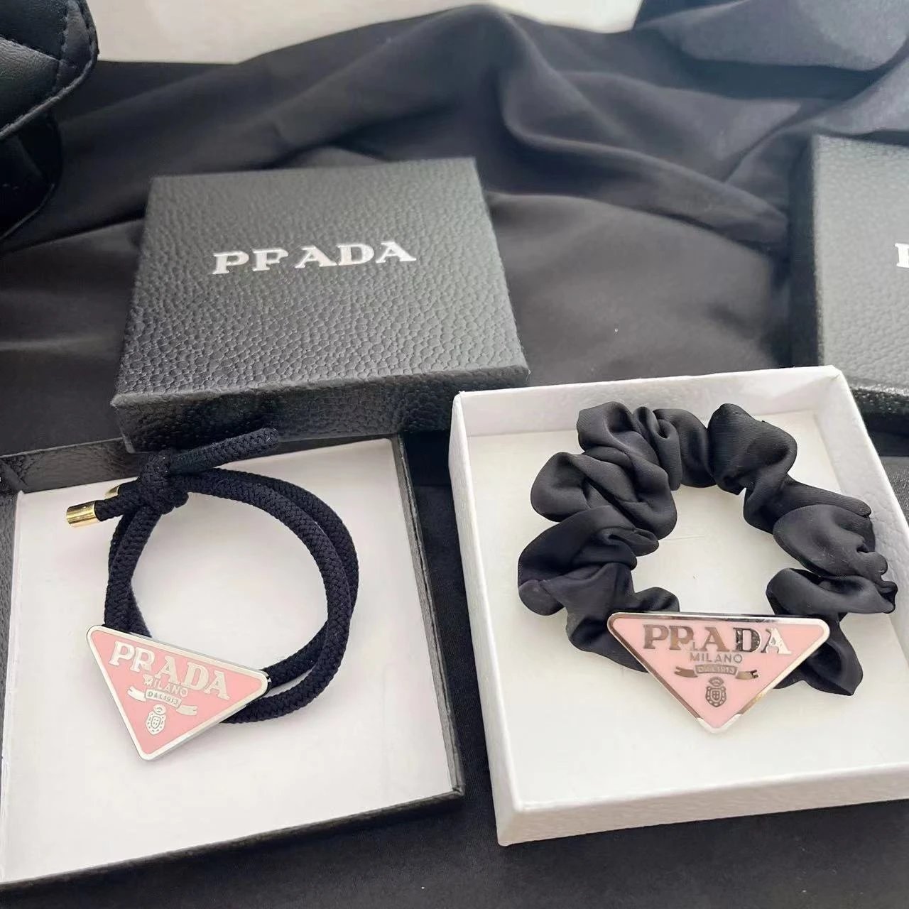 Prada Triangle Logo Hair Tie Set (Elastic Cord and Satin Scrunchie)