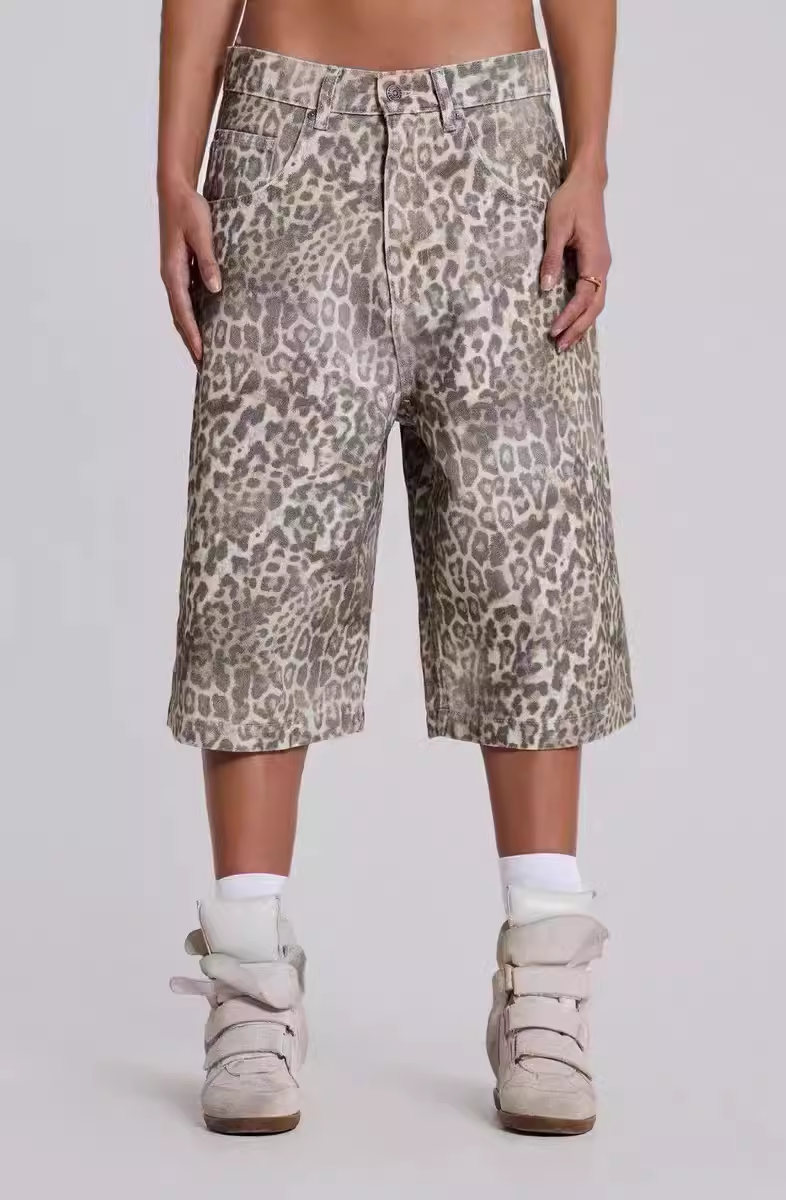 Leopard Print Wide-Leg Pants with Washed Finish