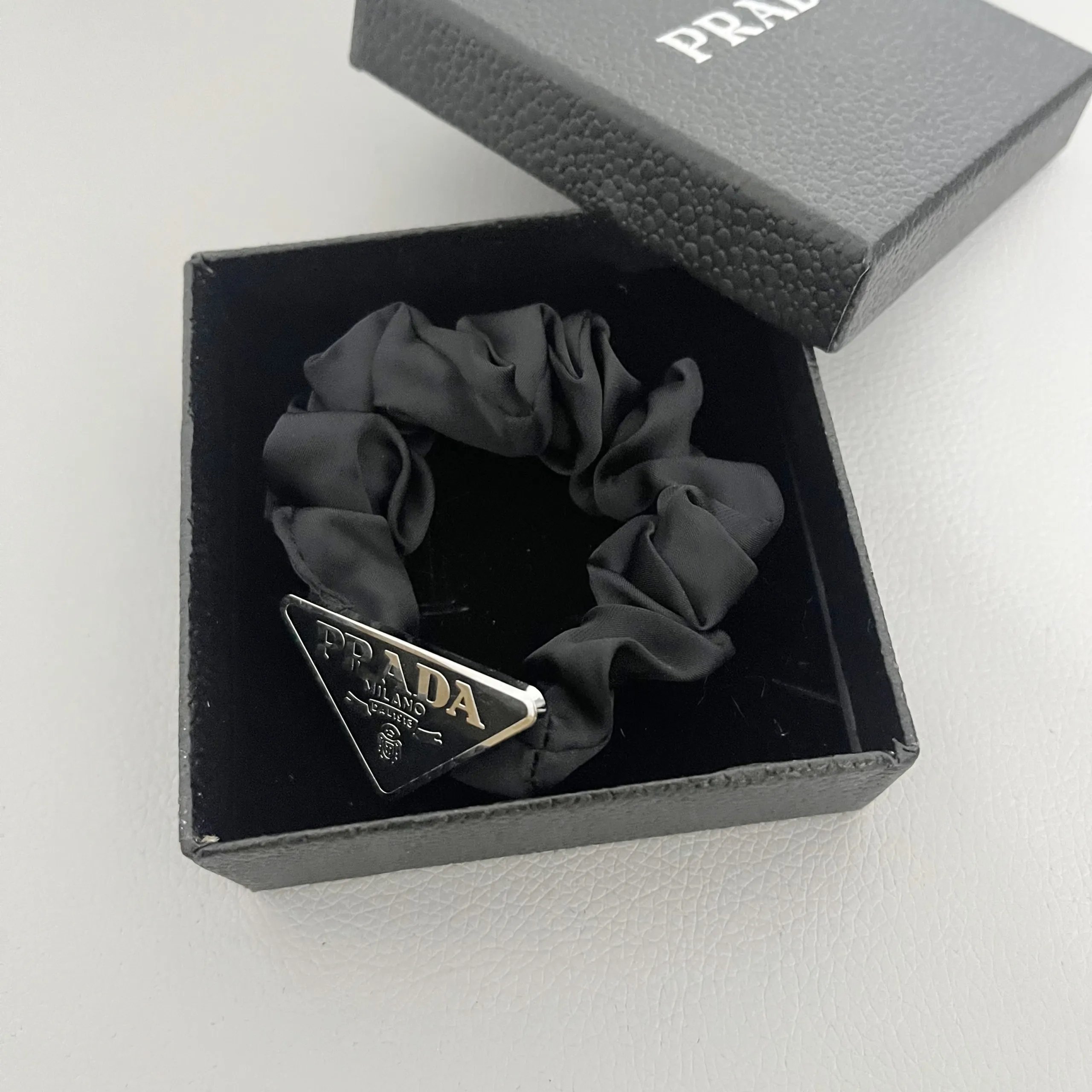 Prada Triangle Logo Hair Tie Set (Elastic Cord and Satin Scrunchie)