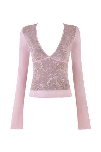 Design Floral Lace Mesh Long Sleeve Top Pink - 1