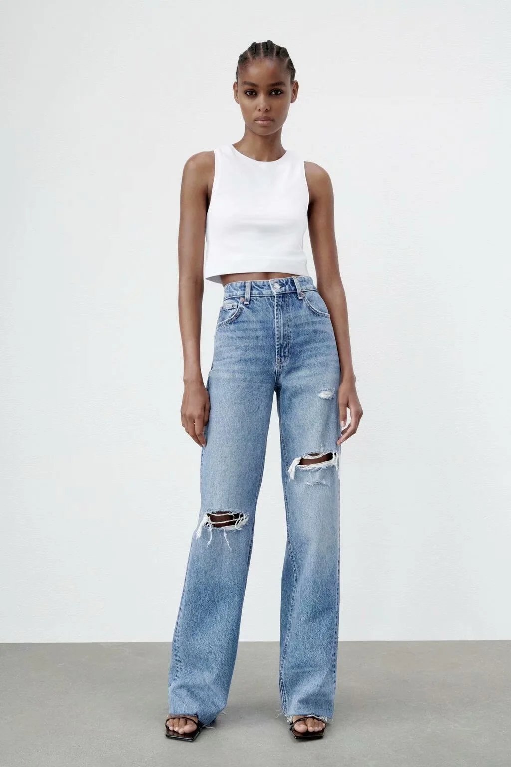 Light Blue High-Waisted Distressed Wide-Leg Jeans