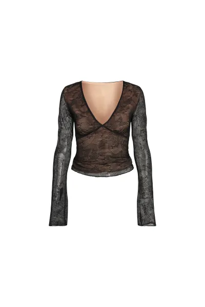 Design Floral Lace Mesh Long Sleeve Top Pink - 5
