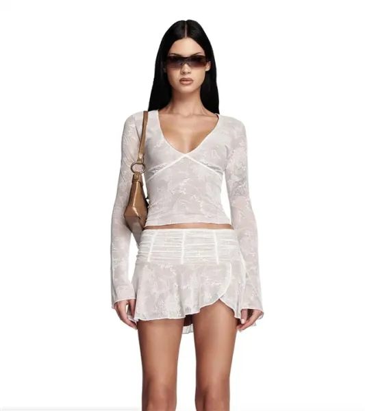 Design Floral Lace Mesh Long Sleeve Top Pink - 8