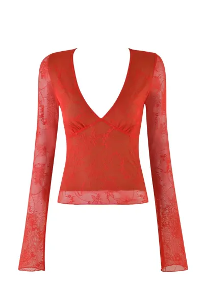 Design Lace Mesh Long Sleeve Crop Top Red - 1