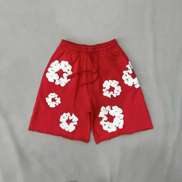 Design Floral Print Drawstring Waist Shorts Red - 1
