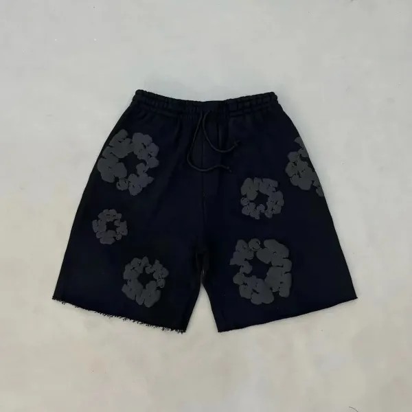 Design Floral Embroidered Drawstring Shorts Black - 1