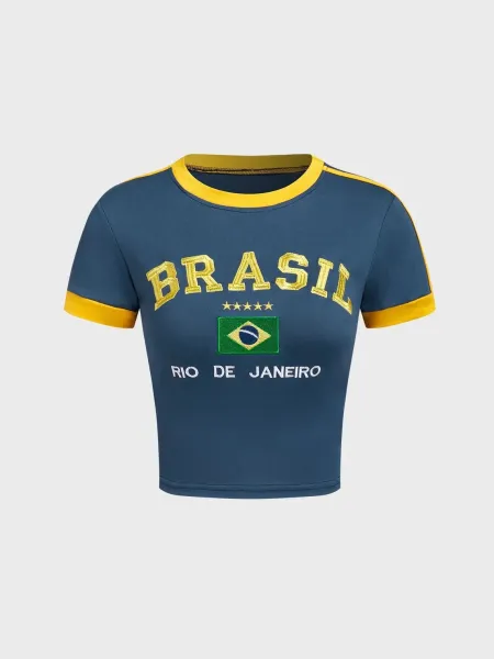 Design Brasil Rio de Janeiro Cropped T-Shirt Navy and Yellow - 1