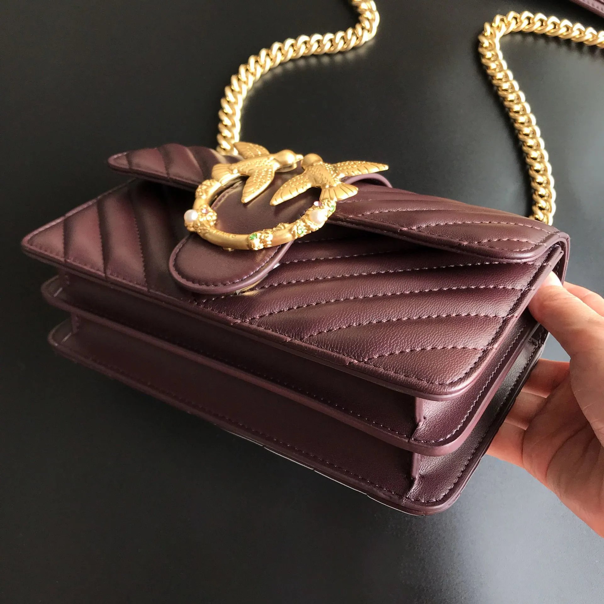 Pinko Love Birds Icon Shoulder Bag (Burgundy Quilted Leather)