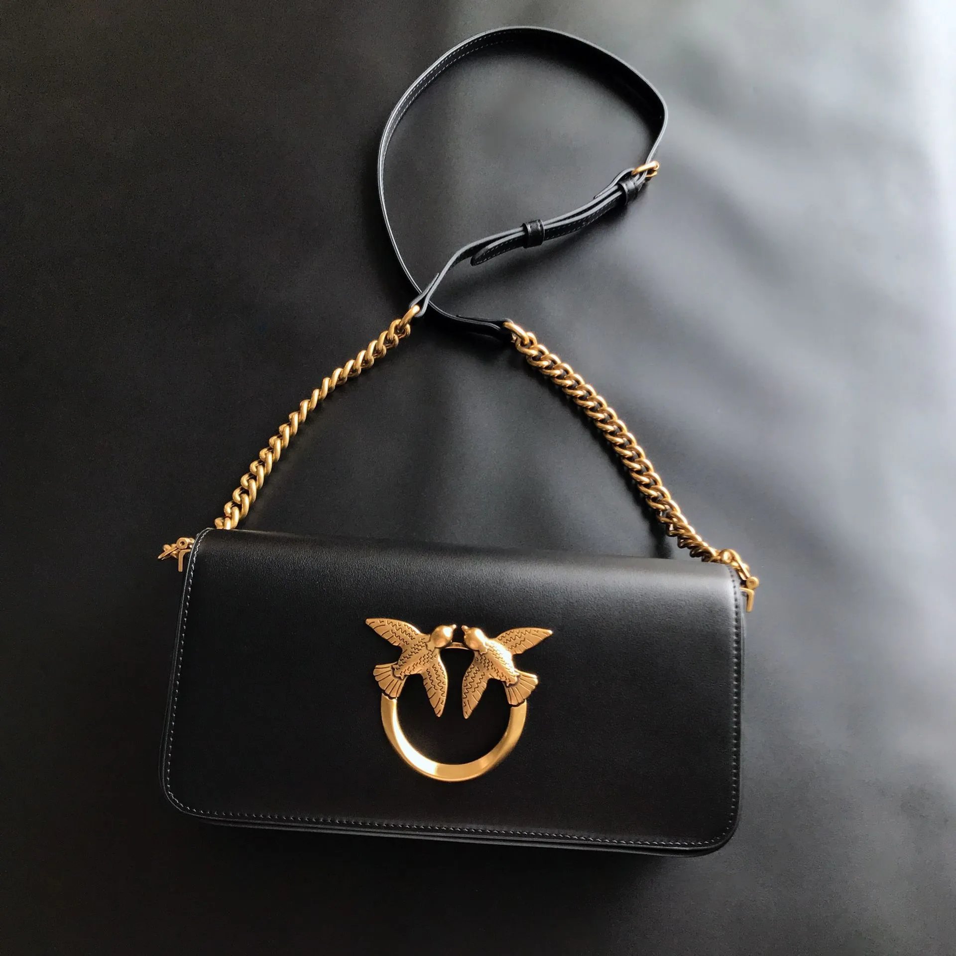 Pinko Love Birds Icon Shoulder Bag with Charm Details (Black Quilted Leather)