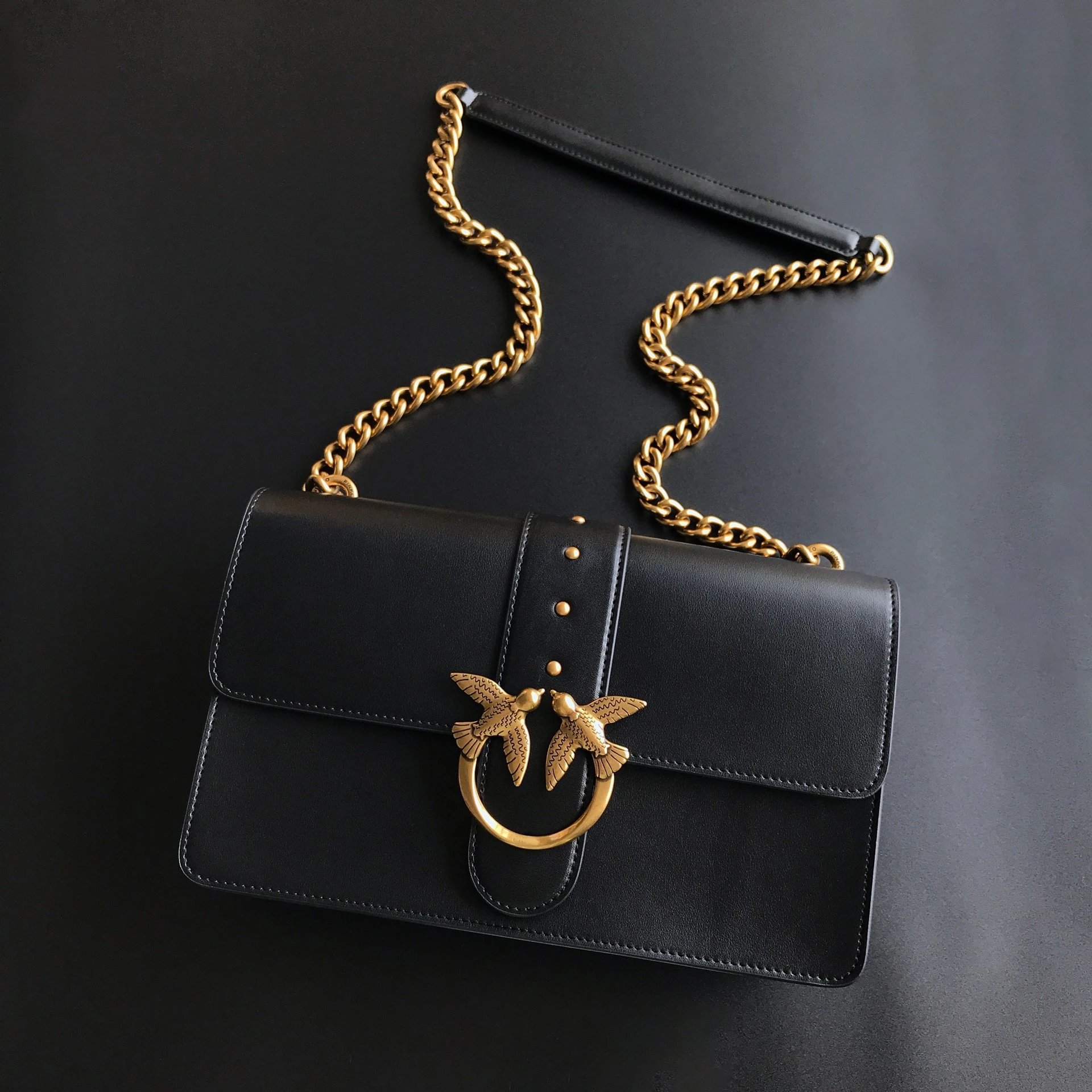 Pinko Love Birds Icon Shoulder Bag (Black Leather)
