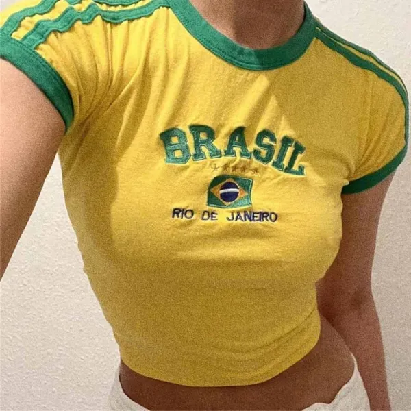 Design Brasil Rio de Janeiro Crop Top Yellow / Green T-Shirt T-Shirts - 1