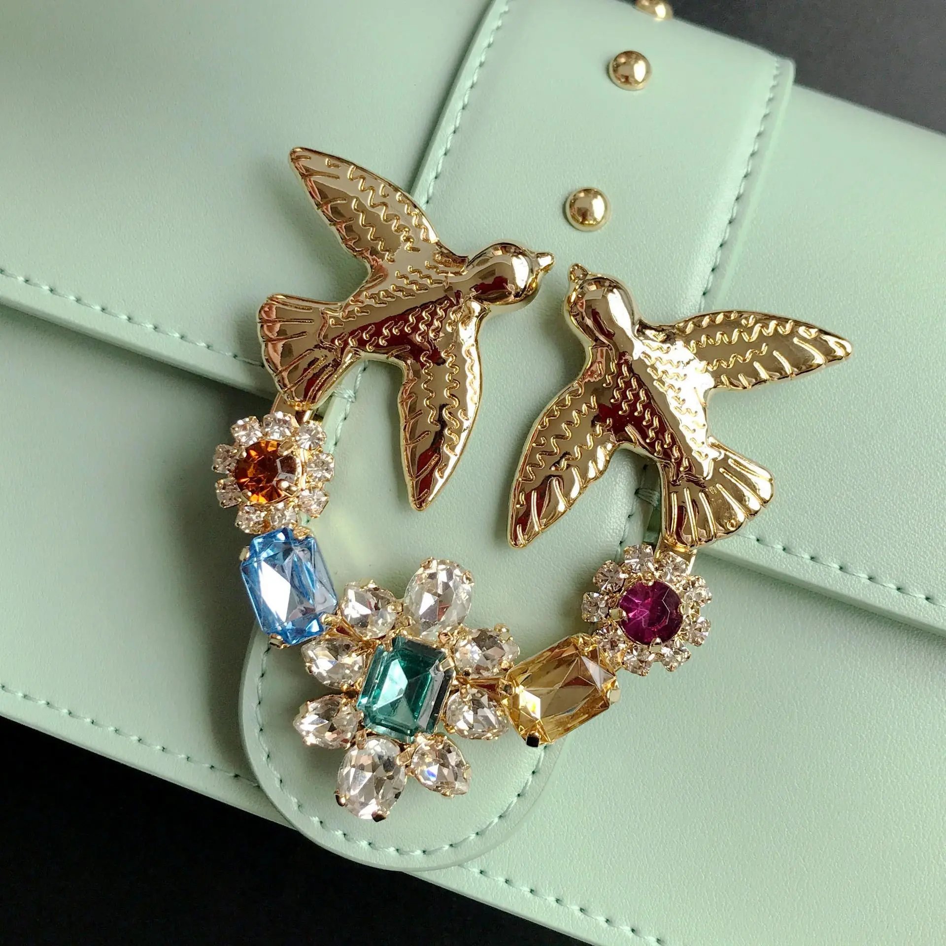 Pinko Love Birds Icon Shoulder Bag with Crystal Embellishments (Mint Green Leather)