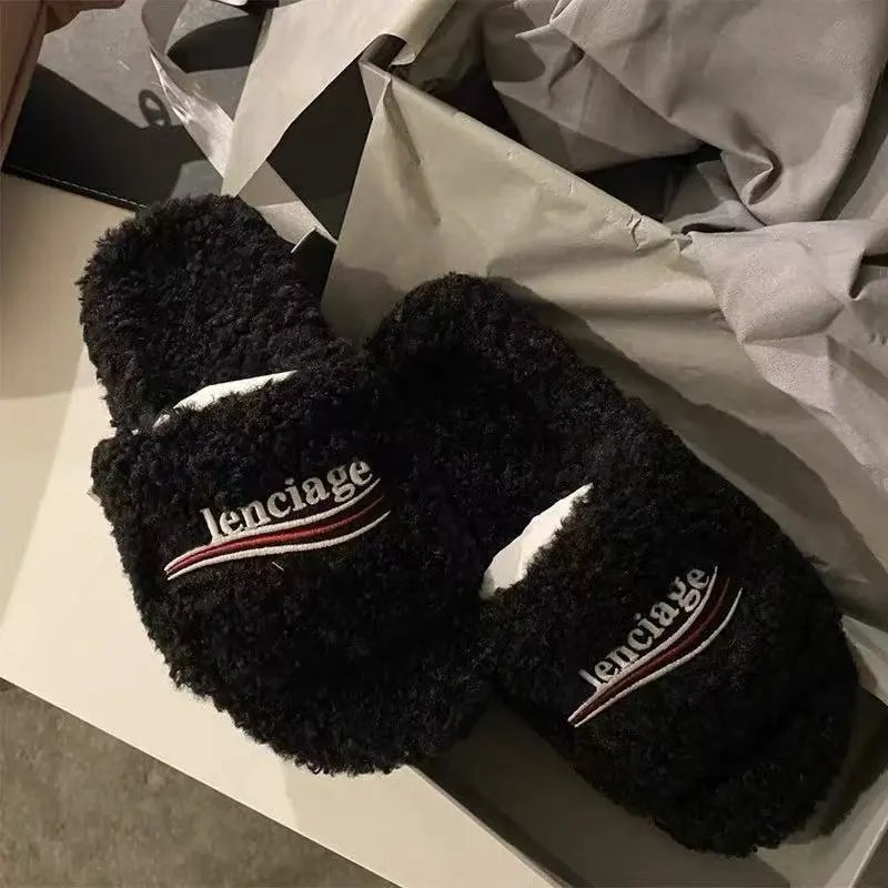 Ba * Home Hairy Slippers Women's Outdoor 2023 Lamb Wool Thick Bottom One line Dragging Casual Home Anti slip Hairy Dragging