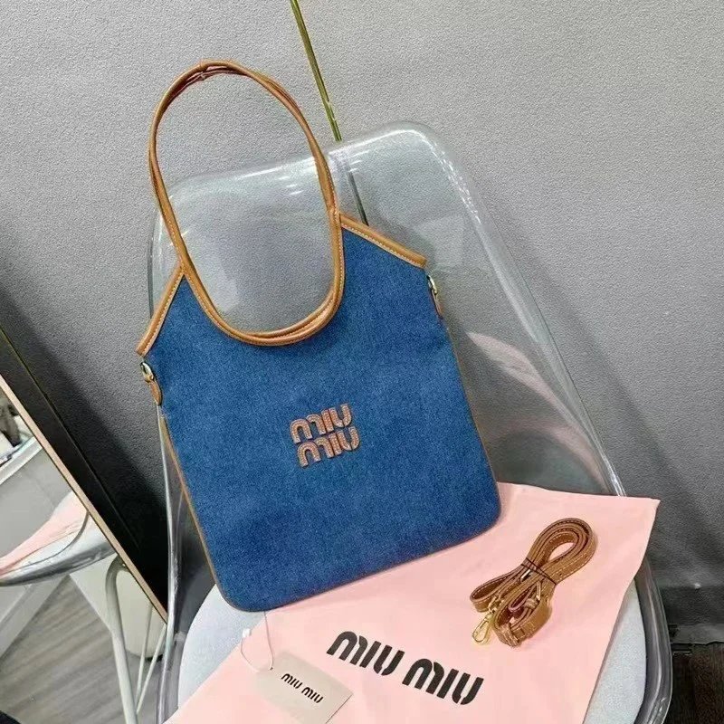 Miu Miu Miu Miu Blue Denim Tote Bag with Gold Logo Blue