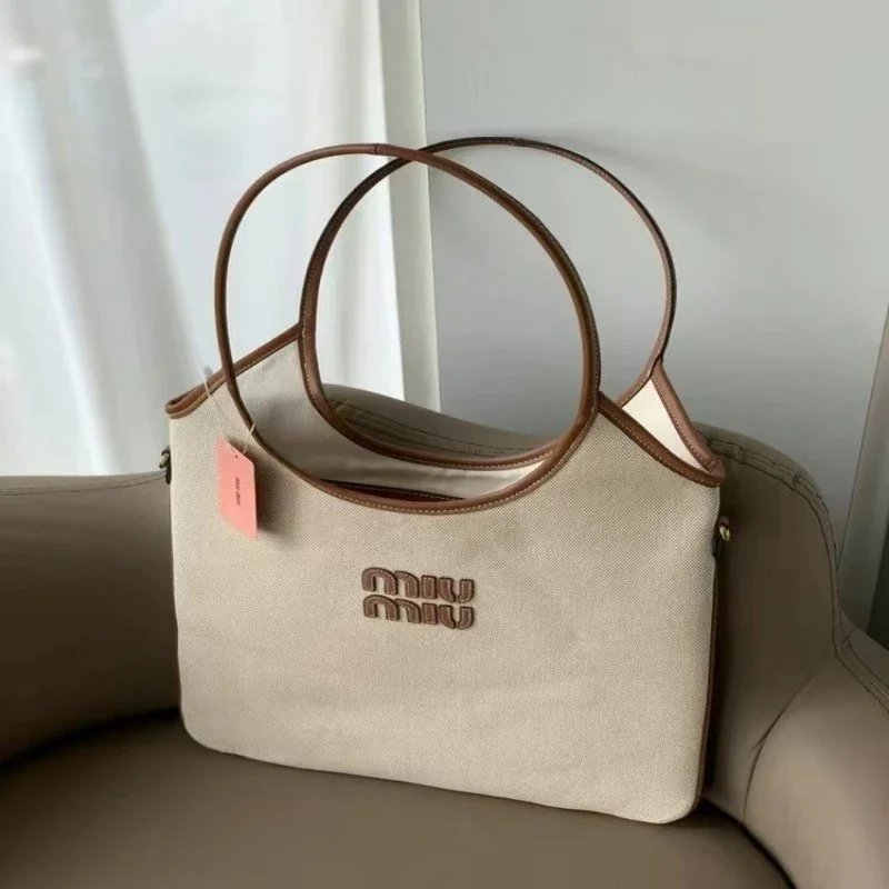 Miu Miu Miu Miu Canvas Tote Bag with Embroidered Logo Beige