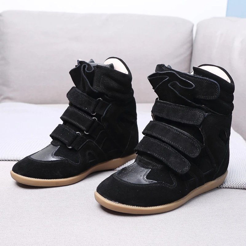 European & American Style Invisible Height-Increasing Women's Shoes Platform Wedge Sneakers Genuine Leather High-Top Color-Block Casual