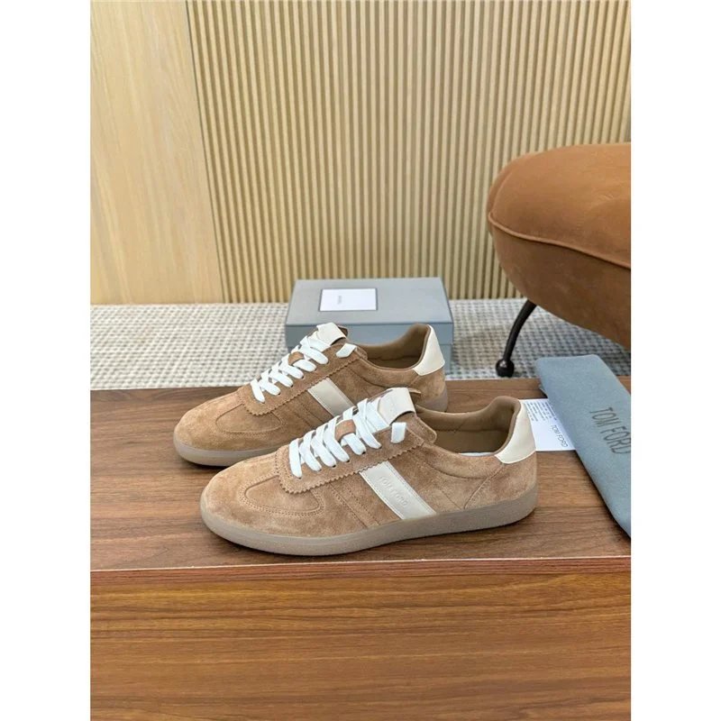 Tom Ford Warwick Suede Low Top Sneakers White Side Stripe Brown