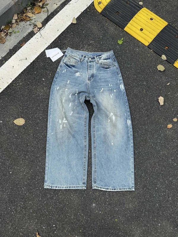 Premium Acne Hand-Painted 24SS Washed Ink Splatter 1981M Distressed AC Loose Baggy Jeans