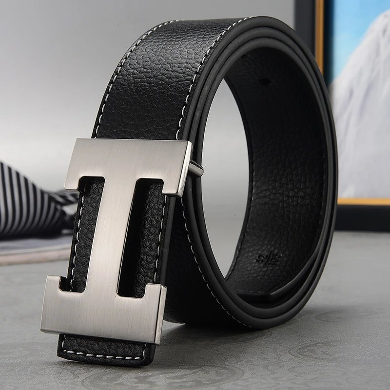 New men’s belt with lychee grain leather, smooth buckle, h-buckle, fashionable casual trend, versatile, suitable for middle-aged and young men’s pants waistband