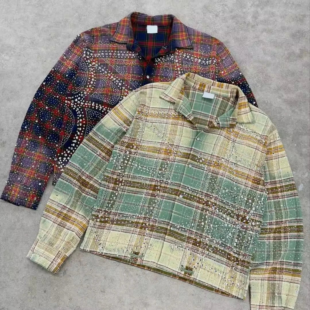Cross border European and American hot stamping diamond full crystal long sleeved shirt ins street hip-hop rap checkered shirt for men and women