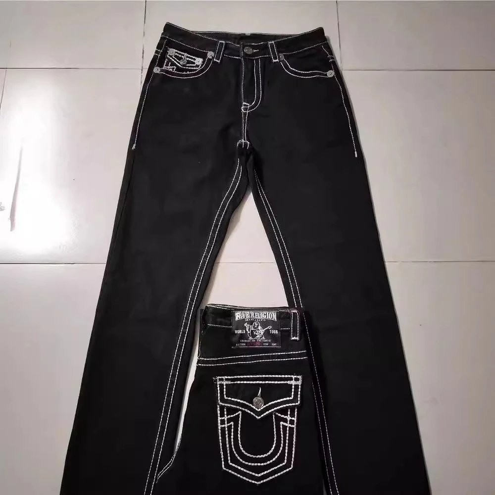                                   牛仔裤白色粗线大佛直筒休闲牛仔裤男