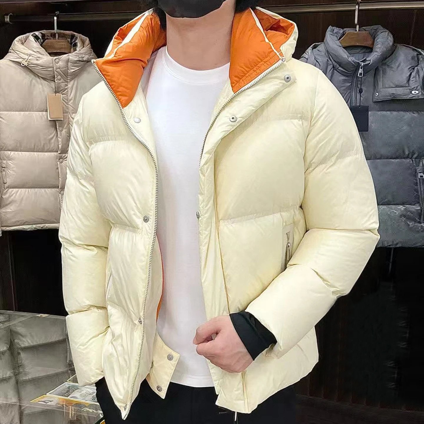秋冬新款时尚纯色商务简约白鹅绒连帽外套男士羽绒服 - 134206