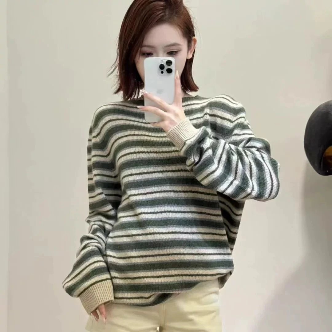 条纹船领羊毛混纺针织衫毛衣女款气质百搭 - 134424