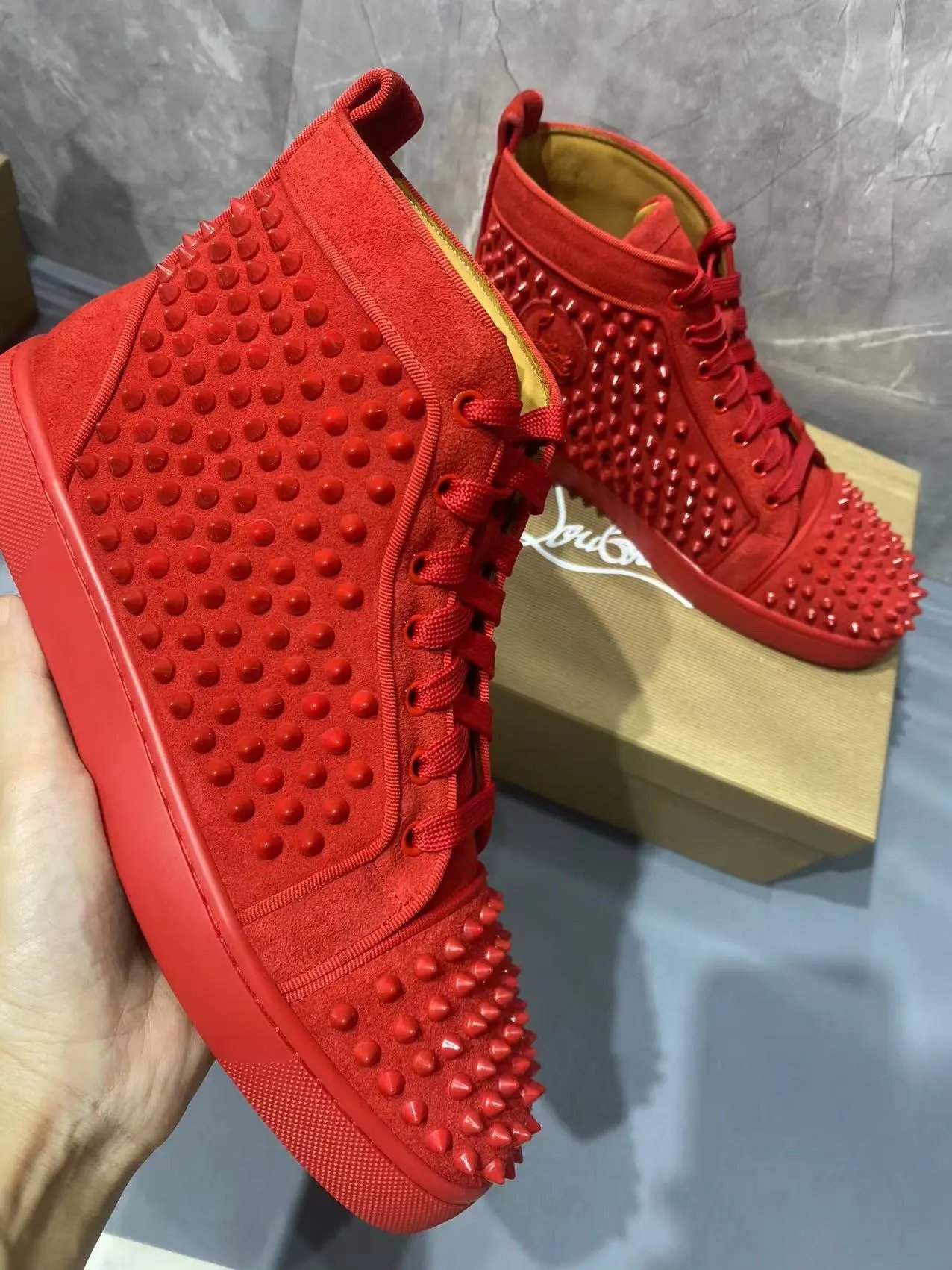 Christian Louboutin Lou Spikes Suede High Top Red
