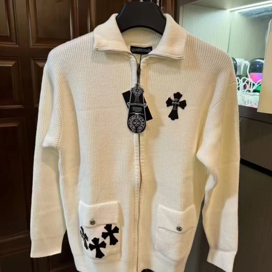 White Ribbed Zip-Up Cardigan with Black Cross Embroidery - 135202